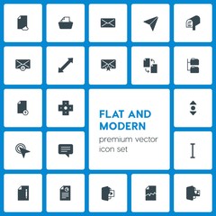 Modern Simple Set of folder, cursors, files, email Vector fill Icons. Contains such Icons as  cursor,  communication,  computer,  letter,  up and more on dark background. Fully Editable. Pixel Perfect