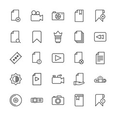 Modern Simple Set of video, photos, bookmarks, files Vector outline Icons. Contains such Icons as book,  book, internet,  education, camera and more on white background. Fully Editable. Pixel Perfect.