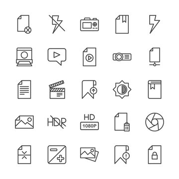 Modern Simple Set of video, photos, bookmarks, files Vector outline Icons. Contains such Icons as multimedia, bookmark, lightning,  divider and more on white background. Fully Editable. Pixel Perfect.