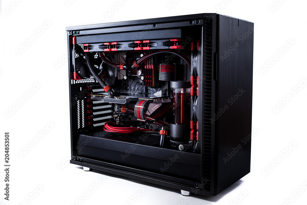 Fototapete open computer with water cooling system, processor, graphics card, motherboard fan game console behi