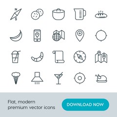 Modern Simple Set of food, location, drinks Vector outline Icons. Contains such Icons as  roasted,  martini, chicken,  hood, boiler,  drink and more on white background. Fully Editable. Pixel Perfect.