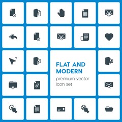 Modern Simple Set of folder, cursors, files, email Vector fill Icons. Contains such Icons as  empty,  click,  hand,  flag,  text,  pointer and more on dark background. Fully Editable. Pixel Perfect