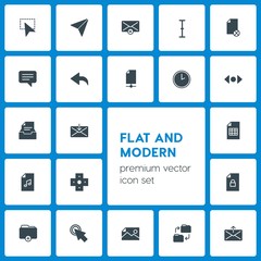 Modern Simple Set of folder, cursors, files, email Vector fill Icons. Contains such Icons as  internet,  hand,  change,  folder,  click, send and more on dark background. Fully Editable. Pixel Perfect
