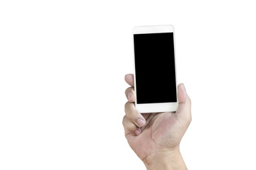 hand holding smartphone isolated on white clipping path inside