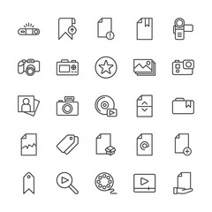 Modern Simple Set of video, photos, bookmarks, files Vector outline Icons. Contains such Icons as  business,  entertainment,  template, add and more on white background. Fully Editable. Pixel Perfect.