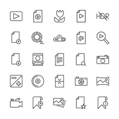 Modern Simple Set of video, photos, bookmarks, files Vector outline Icons. Contains such Icons as  caption, microphone,  photo,  data,  sky and more on white background. Fully Editable. Pixel Perfect.