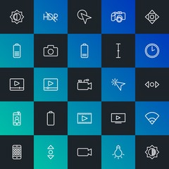 Modern Simple Set of mobile, video, photos, cursors Vector outline Icons. Contains such Icons as  space, cursor,  flash,  light and more on dark and gradient background. Fully Editable. Pixel Perfect.