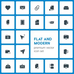 Modern Simple Set of folder, cursors, files, email Vector fill Icons. Contains such Icons as  message,  data,  connection,  stamp,  remove and more on dark background. Fully Editable. Pixel Perfect