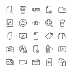 Modern Simple Set of video, photos, bookmarks, files Vector outline Icons. Contains such Icons as lens,  new,  hand, mail,  photo,  media and more on white background. Fully Editable. Pixel Perfect.