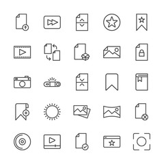 Modern Simple Set of video, photos, bookmarks, files Vector outline Icons. Contains such Icons as remove,  divider,  web,  lens,  music and more on white background. Fully Editable. Pixel Perfect.