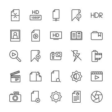Modern Simple Set of video, photos, bookmarks, files Vector outline Icons. Contains such Icons as office, internet,  network,  camera, hd and more on white background. Fully Editable. Pixel Perfect.
