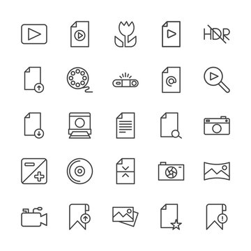 Modern Simple Set of video, photos, bookmarks, files Vector outline Icons. Contains such Icons as  caption, microphone,  photo,  data,  sky and more on white background. Fully Editable. Pixel Perfect.