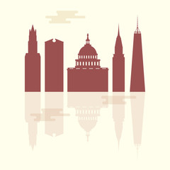 Silhouettes of famous buildings and modern buildings in the USA.