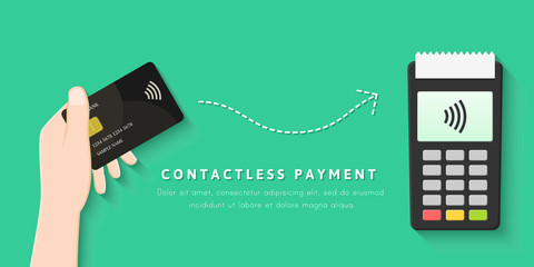 Paying with contactless card concept in flat design. POS terminal and transaction with NFC technology.  - obrazy, fototapety, plakaty