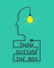Think outside the box concept with light bulb and head silhouette. Wire forming the saying and box itself.