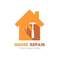 House repair logo with nail and hammer icons in flat design - obrazy, fototapety, plakaty