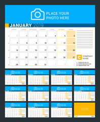 Calendar for 2019 Year. Vector Design Print Template with Place for Photo, Logo and Contact Information. Week Starts on Monday. Calendar Grid with Week Numbers and Place for Notes