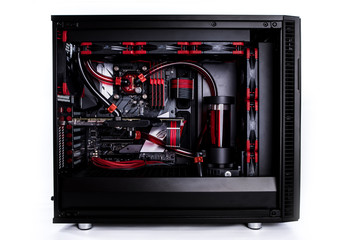 Open computer with water cooling system, processor, graphics card, motherboard fan Game console...