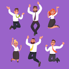 Set of happy business people jumping. Office workers celebrate the victory. Vector illustration