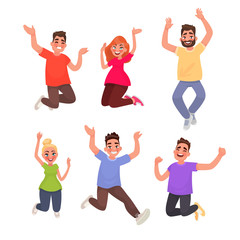 Set of happy people jumping against white background. Vector illustration