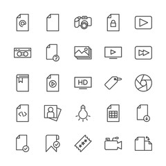 Modern Simple Set of video, photos, bookmarks, files Vector outline Icons. Contains such Icons as  lens, sheet,  document,  retro,  check and more on white background. Fully Editable. Pixel Perfect.