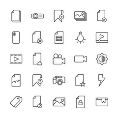Modern Simple Set of video, photos, bookmarks, files Vector outline Icons. Contains such Icons as  label,  folder,  paper,  flash, remove and more on white background. Fully Editable. Pixel Perfect.