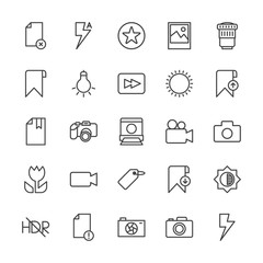 Modern Simple Set of video, photos, bookmarks, files Vector outline Icons. Contains such Icons as error, dark,  camera, camera,  delete and more on white background. Fully Editable. Pixel Perfect.