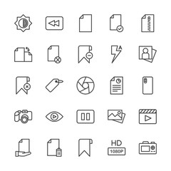 Modern Simple Set of video, photos, bookmarks, files Vector outline Icons. Contains such Icons as  zip,  document,  information,  dslr, hd and more on white background. Fully Editable. Pixel Perfect.
