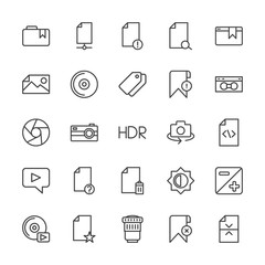 Modern Simple Set of video, photos, bookmarks, files Vector outline Icons. Contains such Icons as  compact,  lens,  play,  document,  paper and more on white background. Fully Editable. Pixel Perfect.