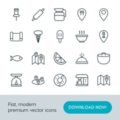 Modern Simple Set of food, location, drinks Vector outline Icons. Contains such Icons as map,  food,  cooking, kitchen,  bottle,  home and more on white background. Fully Editable. Pixel Perfect.
