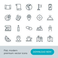 Modern Simple Set of food, location, drinks Vector outline Icons. Contains such Icons as  fruit,  waving,  cup,  travel,  planet,  globe and more on white background. Fully Editable. Pixel Perfect.