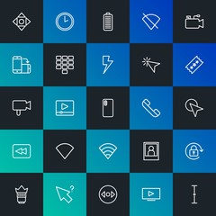 Modern Simple Set of mobile, video, photos, cursors Vector outline Icons. Contains such Icons as play,  picture,  time,  no and more on dark and gradient background. Fully Editable. Pixel Perfect.