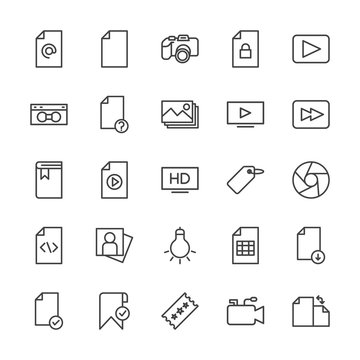 Modern Simple Set of video, photos, bookmarks, files Vector outline Icons. Contains such Icons as  lens, sheet,  document,  retro,  check and more on white background. Fully Editable. Pixel Perfect.