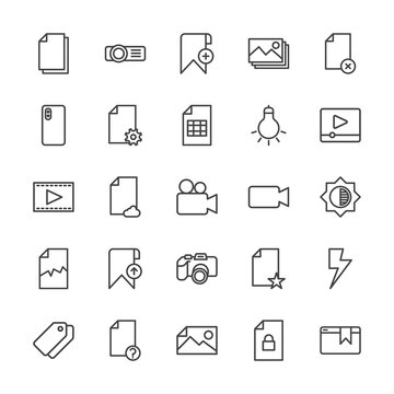 Modern Simple Set of video, photos, bookmarks, files Vector outline Icons. Contains such Icons as  label,  folder,  paper,  flash, remove and more on white background. Fully Editable. Pixel Perfect.