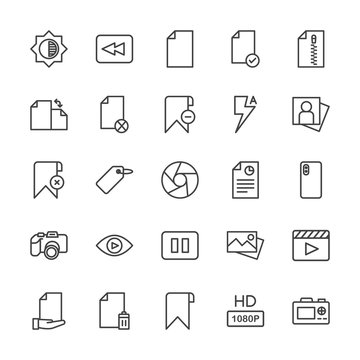Modern Simple Set of video, photos, bookmarks, files Vector outline Icons. Contains such Icons as  zip,  document,  information,  dslr, hd and more on white background. Fully Editable. Pixel Perfect.