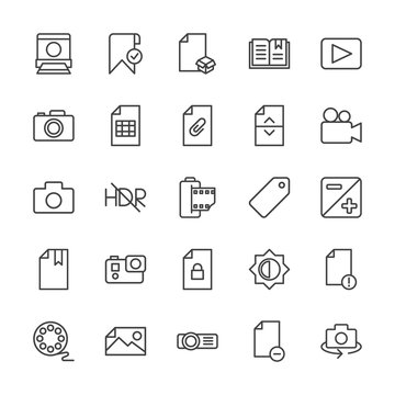 Modern Simple Set of video, photos, bookmarks, files Vector outline Icons. Contains such Icons as  file,  check,  delete,  no people,  add and more on white background. Fully Editable. Pixel Perfect.