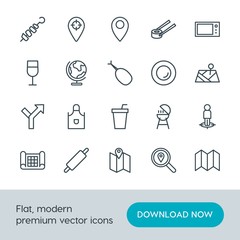 Modern Simple Set of food, location, drinks Vector outline Icons. Contains such Icons as sushi, road, location,  pointer,  kitchen,  glass and more on white background. Fully Editable. Pixel Perfect.