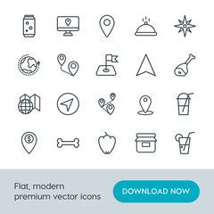 Modern Simple Set of food, location, drinks Vector outline Icons. Contains such Icons as  sweet,  direction,  money, compass,  web,  south and more on white background. Fully Editable. Pixel Perfect.