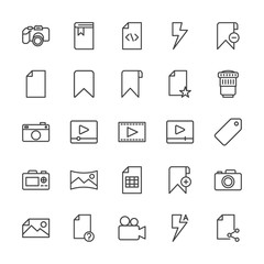 Modern Simple Set of video, photos, bookmarks, files Vector outline Icons. Contains such Icons as  data,  school,  file, , business,  flash and more on white background. Fully Editable. Pixel Perfect.