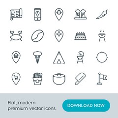 Modern Simple Set of food, location, drinks Vector outline Icons. Contains such Icons as barbecue,  pointer,  ingredient,  marketing, map and more on white background. Fully Editable. Pixel Perfect.