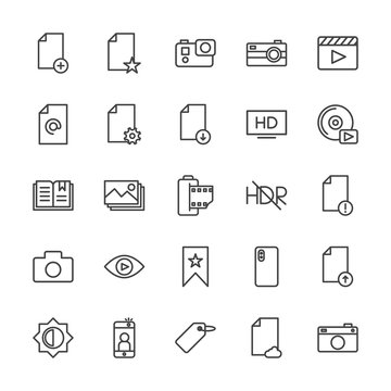 Modern Simple Set of video, photos, bookmarks, files Vector outline Icons. Contains such Icons as  picture, camera,  mobile,  cameraman and more on white background. Fully Editable. Pixel Perfect.