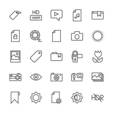 Modern Simple Set of video, photos, bookmarks, files Vector outline Icons. Contains such Icons as  mark, file,  sky,  label,  high,  bright and more on white background. Fully Editable. Pixel Perfect.