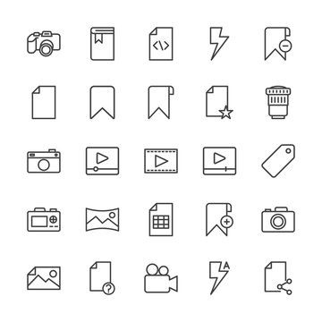 Modern Simple Set of video, photos, bookmarks, files Vector outline Icons. Contains such Icons as  data,  school,  file, , business,  flash and more on white background. Fully Editable. Pixel Perfect.