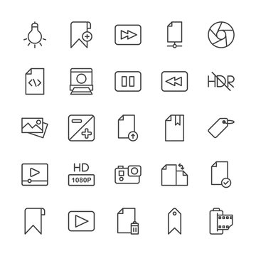 Modern Simple Set of video, photos, bookmarks, files Vector outline Icons. Contains such Icons as  scroll,  system, bulb,  iso,  photo, add and more on white background. Fully Editable. Pixel Perfect.