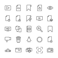 Modern Simple Set of video, photos, bookmarks, files Vector outline Icons. Contains such Icons as sunny,  file,  movie, bookmark,  system and more on white background. Fully Editable. Pixel Perfect.