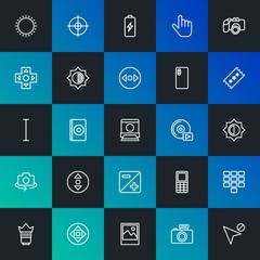 Modern Simple Set of mobile, video, photos, cursors Vector outline Icons. Contains such Icons as  picture,  equipment,  web and more on dark and gradient background. Fully Editable. Pixel Perfect.