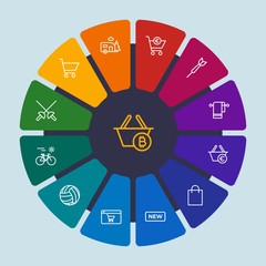 hotel, sports, shopping, travel Infographic Circle outline Icons Set. Contains such Icons as sport,  bitcoin,  travel,  arrow,  mobile, target,  cart, cotton and more. Fully Editable. Pixel Perfect