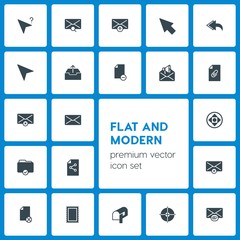 Modern Simple Set of folder, cursors, files, email Vector fill Icons. Contains such Icons as  web,  data,  post, add, envelope,  file, target and more on dark background. Fully Editable. Pixel Perfect