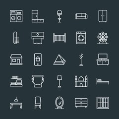 Modern Simple Set of buildings, furniture, housekeeping Vector outline Icons. Contains such Icons as  household,  clothes, home,  seat, bed and more on dark background. Fully Editable. Pixel Perfect.