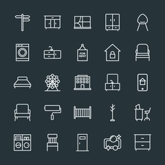 Modern Simple Set of buildings, furniture, housekeeping Vector outline Icons. Contains such Icons as soap,  household,  clean,  eye,  way and more on dark background. Fully Editable. Pixel Perfect.